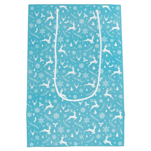 青いトナカイ模様メリークリスマススノーフレーク ミディアムペーパーバッグ (裏面)