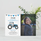 青いトラクターの誕生日パーティー招待状（写真付き） 招待状 (スタンド正面)