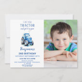 青いトラクターの誕生日招待状（写真付き） 招待状 (正面)
