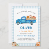 青いトラックとカボチャの秋の農場ジンジャム誕生日 招待状 (正面)