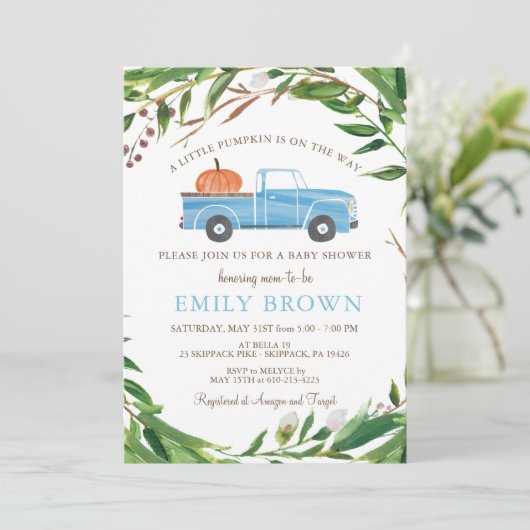 青いトラックの小さなパンプキン男の子ベビーシャワー 招待状 (スタンド正面)