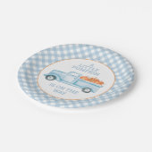 青いトラックの赤ちゃんシャワーの途中の小さなカボチャ ペーパープレート (アングル)