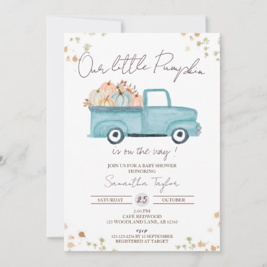 青いトラック、ベイビーボーイシャワー、秋のベイビーシャワー 招待状 (正面)