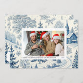 青いトリーのQRコードが付いたクリスマスの写真カード 招待状 (正面/裏面)