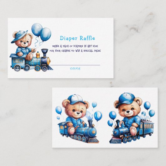 青いトレインボーイのおむつ付きラッフルのテディベア 名刺 (正面/裏面)