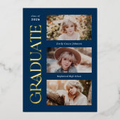 青いトレンディーセリフ複数写真の卒業 箔招待状 (正面)