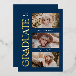 青いトレンディーセリフ複数写真の卒業 箔招待状