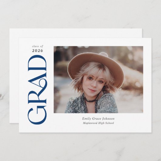 青いトレンディーセリフ2枚の写真の卒業 案内状 (正面/裏面)
