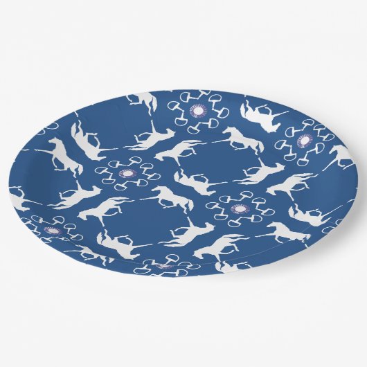 青いトロッティングホースとビットパターン ペーパープレート (アングル)