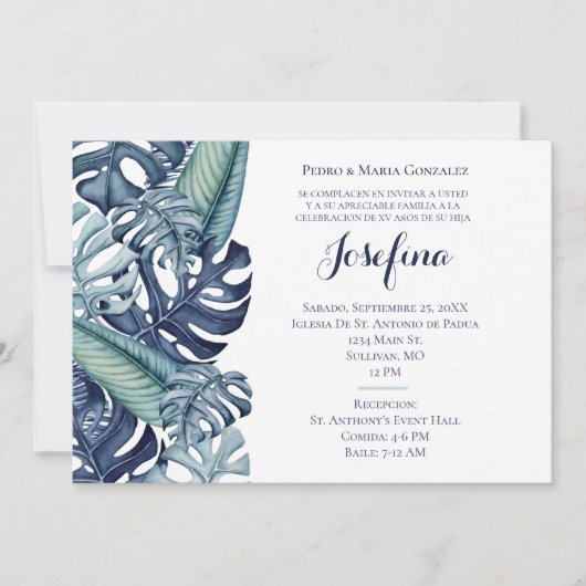 青いトロピカルな葉の境界 クイーンシエニエラ 招待状 (正面)