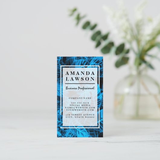 青いトロピカル葉の背景 名刺 (スタンド正面)