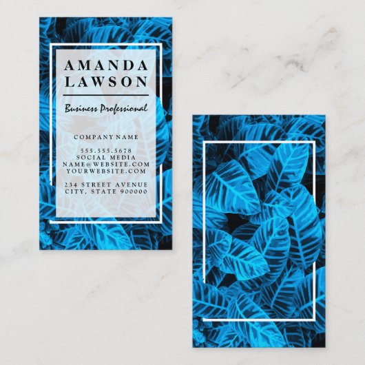 青いトロピカル葉の背景 名刺 (正面/裏面)