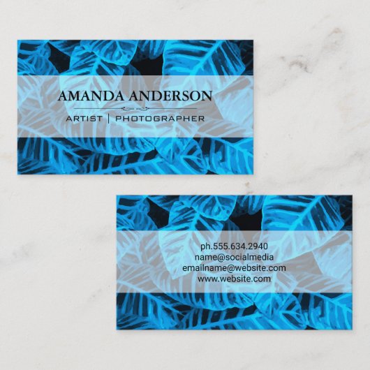 青いトロピカル葉の背景 名刺 (正面/裏面)