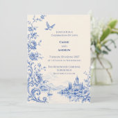青いトワル模様の湖畔のシャトーウェディング 招待状 (スタンド正面)