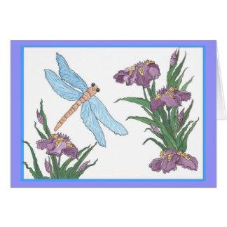 青いトンボおよびアイリス