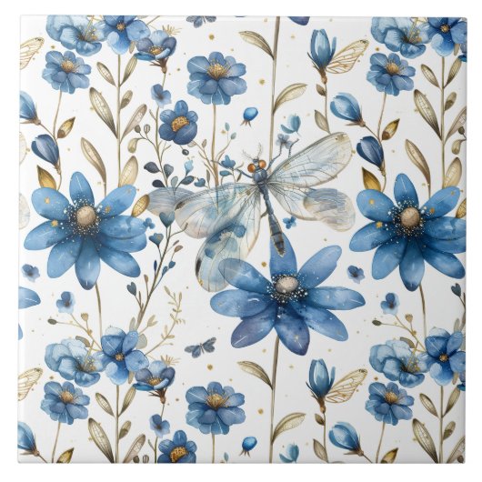 青いトンボと花フローラ陶磁器タイル タイル (正面)