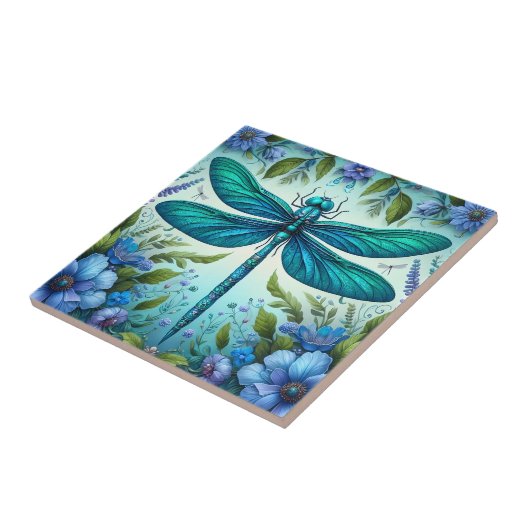 青いトンボと花 タイル (側面)