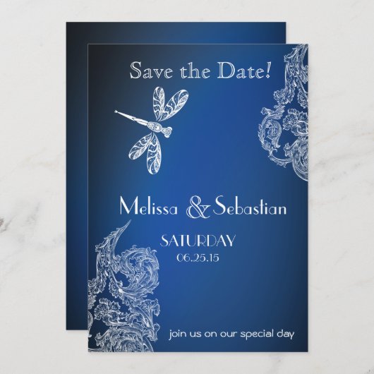 青いトンボの王室の上の白いレース セーブザデート (正面/裏面)