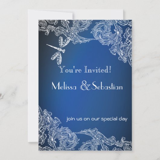 青いトンボの王室の上の白いレース 招待状 (正面)