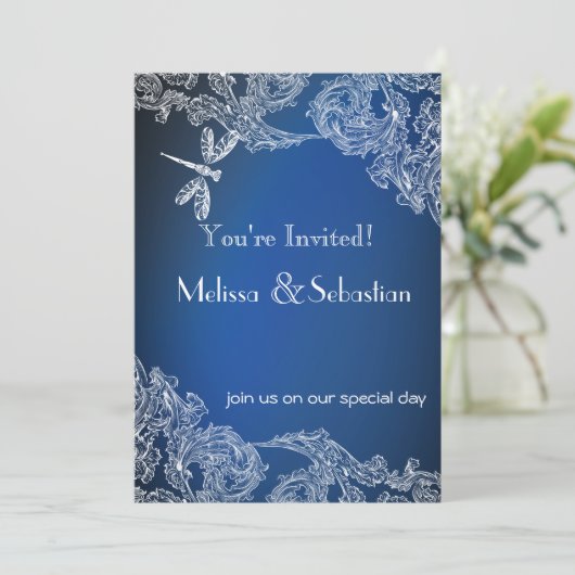 青いトンボの王室の上の白いレース 招待状 (スタンド正面)