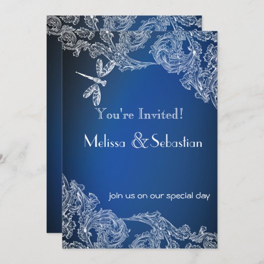 青いトンボの王室の上の白いレース 招待状 (正面/裏面)