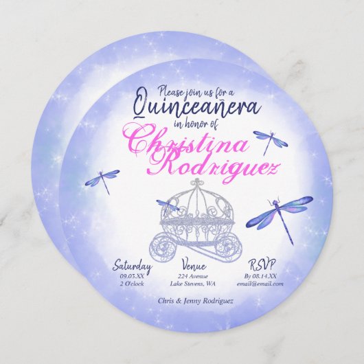 青いトンボ、ピンクのキンセアニエラ招待状 招待状 (正面/裏面)