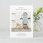 青いドアの図解入りの、写真付きの動きのお知らせ 案内状 (スタンド正面)