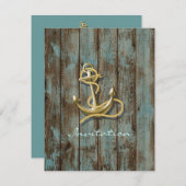 青いドックの木のビーチアンカーの海事結婚式 招待状 (正面/裏面)