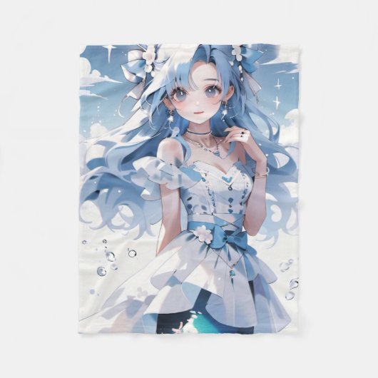 青いドレスに青い髪の人魚 フリースブランケット (正面)