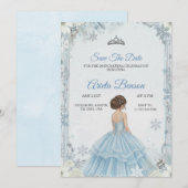 青いドレスを着た少女が花の装飾されたキンセアニエラ 招待状 (正面/裏面)