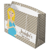 青いドレスを着た金髪の妊婦のベビーシャワーイラスト, 美しく幸せな漫画風のイラスト。妊娠した女性がお ラージペーパーバッグ (裏面アングル)