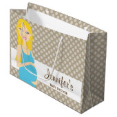 青いドレスを着た金髪の妊婦のベビーシャワーイラスト, 美しく幸せな漫画風のイラスト。妊娠した女性がお ラージペーパーバッグ (正面アングル)