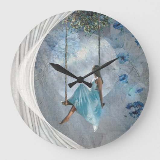 青いドレスを身にまとった女性がスイング ラージ壁時計 (正面)