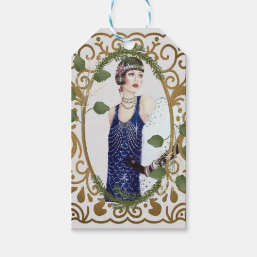 青いドレス ヴィンテージ 1920年代 フラッパー アートデコ 女性 ギフトタグ (正面)