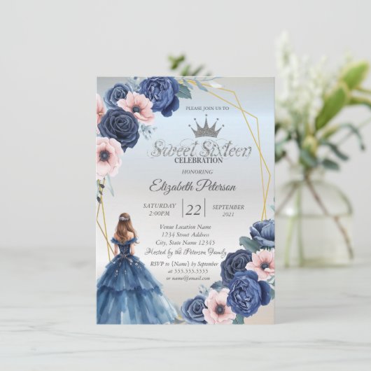 青いドレス、青い花フレーム甘い16 招待状 (スタンド正面)