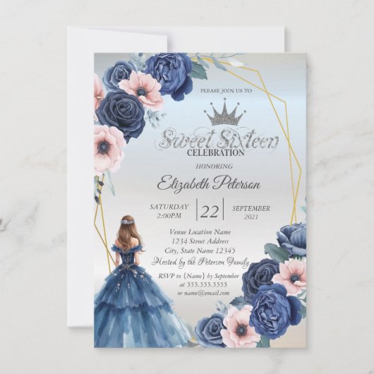青いドレス、青い花フレーム甘い16 招待状 (正面)