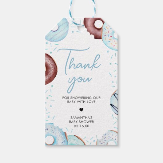 青いドーナツとおむつ赤ちゃんシャワーメッセージカード ギフトタグ (正面)