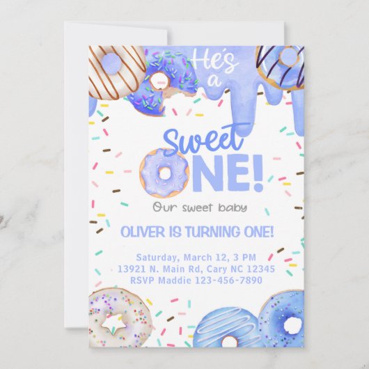 青いドーナツ彼は甘い一人の男の子の誕生日招待状だ。 招待状 (正面)