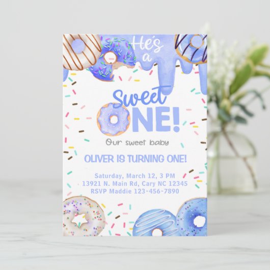 青いドーナツ彼は甘い一人の男の子の誕生日招待状だ。 招待状 (スタンド正面)