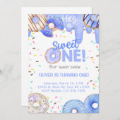 青いドーナツ彼は甘い一人の男の子の誕生日招待状だ。 招待状 (正面/裏面)