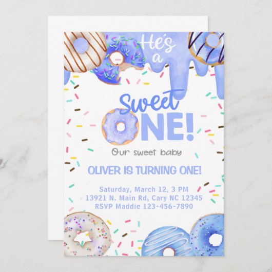 青いドーナツ彼は甘い一人の男の子の誕生日招待状だ。 招待状 (正面/裏面)