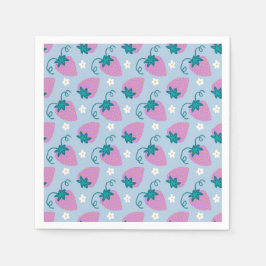 青いナプキンにピンク色のイチゴをスケッチ スタンダードカクテルナプキン