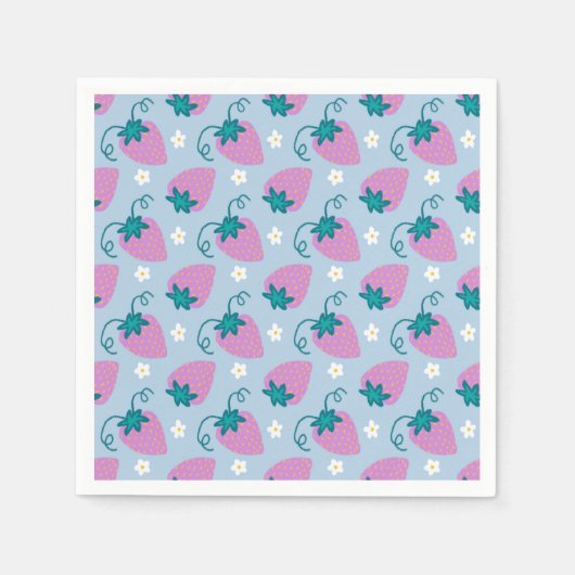 青いナプキンにピンク色のイチゴをスケッチ スタンダードカクテルナプキン (正面)