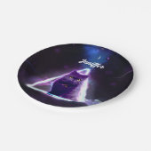 青いネオンヒップスターの三角形の黒猫 ペーパープレート (アングル)