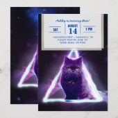 青いネオンヒップスターの三角形の黒猫 招待状 (正面/裏面)