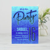 青いネオンピクセルティーン誕生日 招待状 (スタンド正面)