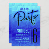 青いネオンピクセルティーン誕生日 招待状 (正面/裏面)