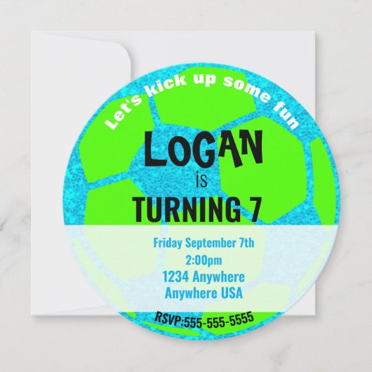 青いネオン白熱サッカーボールの誕生日、サッカーのパーティー 招待状 (正面)