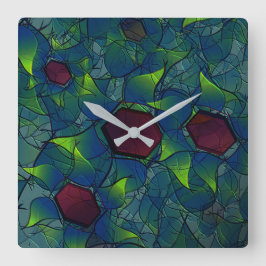 青いノッチ付き仮想花びら、リーフィーと赤い六角形 スクエア壁時計