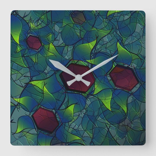 青いノッチ付き仮想花びら、リーフィーと赤い六角形 スクエア壁時計 (正面)